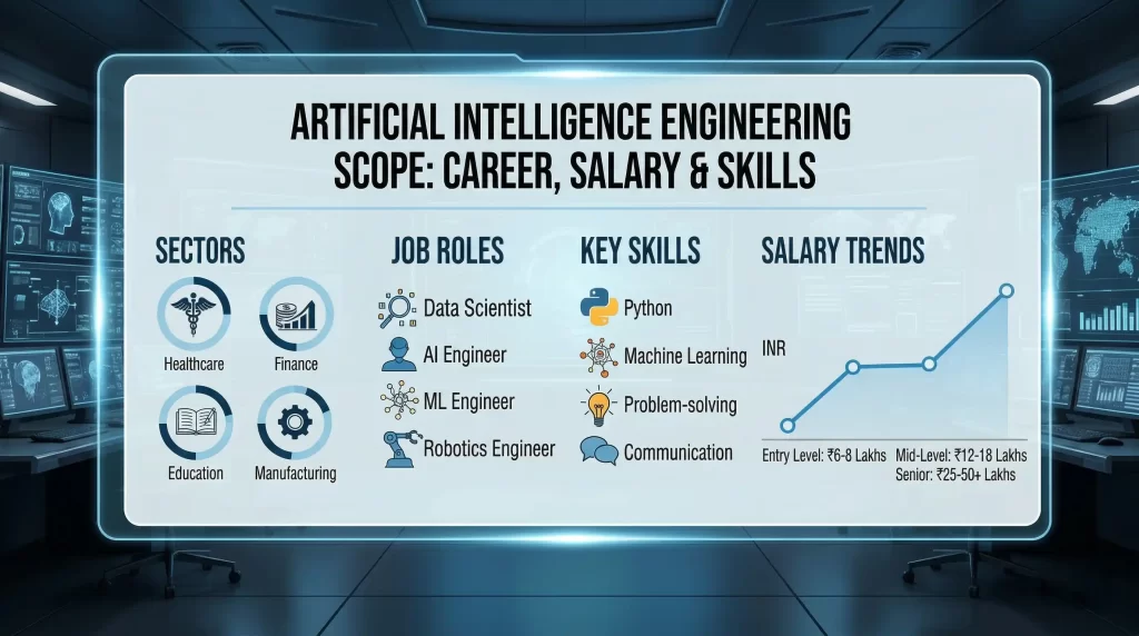 Artificial Intelligence Engineering scope - Career Planner Edu Fair Infographic image showing AI Engineering Career Scope, Salary Trends in India, and Key Skills