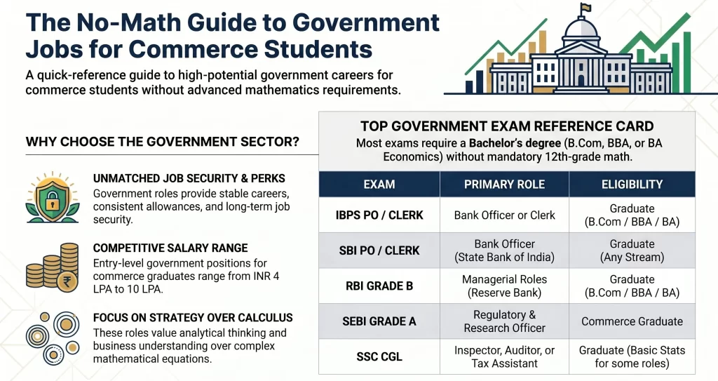 Image is a quick guide of Government jobs for commerce without maths students 