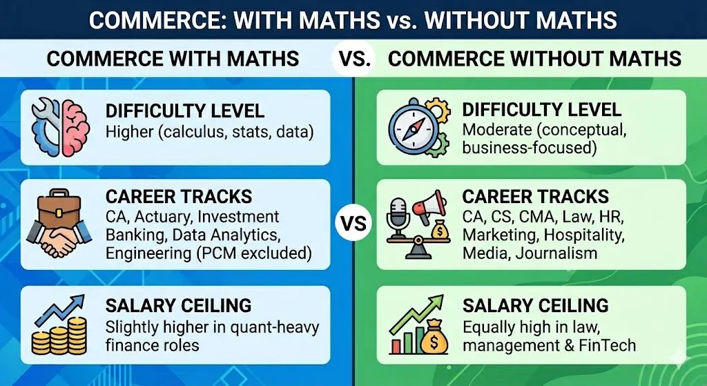 comparison table of commerce with maths vs commerce without maths