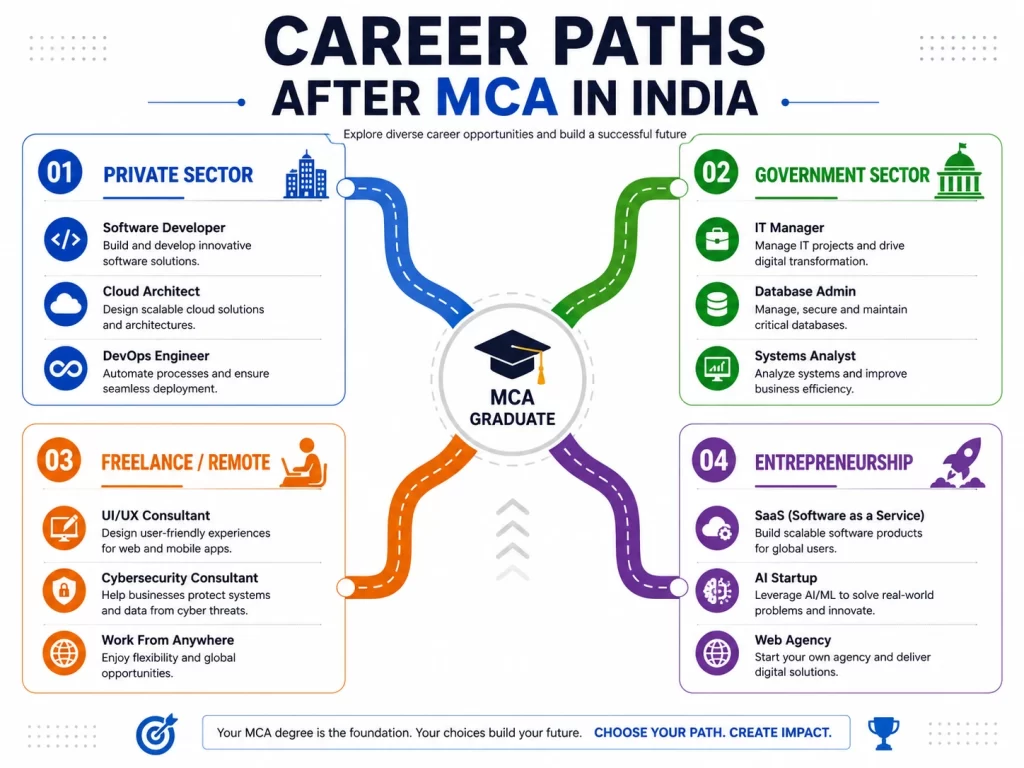 Career Paths After MCA in India infographic illustrating four major career routes for MCA graduates: Private Sector (Software Developer, Cloud Architect, DevOps Engineer), Government Sector (IT Manager, Database Administrator, Systems Analyst), Freelance and Remote Careers (UI/UX Consultant, Cybersecurity Consultant), and Entrepreneurship (SaaS Business, AI Startup, Web Agency).